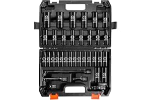 BOEN 35-Piece 1/2" Drive Deep Impact Socket Set - SAE 3/8"-1-1/4" & Metric 8-24mm, Extensions, Joint & Adapter, Cr-V Steel, D
