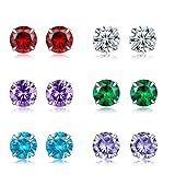 LoveliomeS925 Sterling Silver Cubic Zirconia Stud Earrings, 6 Pairs Gemstone Round Cut Birth Stone