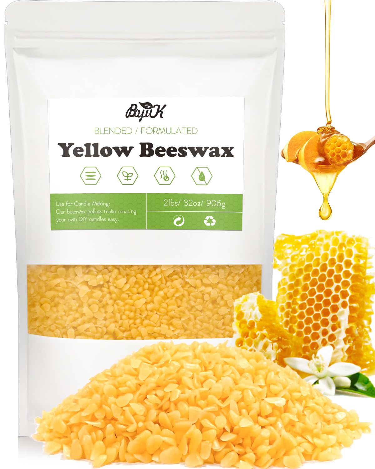 Yellow Beeswax Pellets, Beeswax for Candle Making, Beeswax Pellets Cosmetic Grade Eco Friendly Products, Premium Beeswax for Body, Skin Care DIY, Lip Balm and Soap Making Supplies (906g, Yellow)