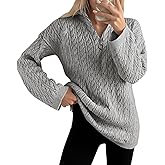 Imily Bela Womens Cable Knit Half Zip Sweater V Neck Collared Fall Trendy Oversized Long Sleeve Pullover Tops