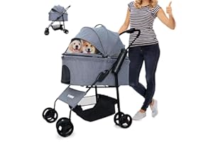 Pet Stroller 4 Wheels Dog Stroller by YOUMI, Pet Gear with Cup Holder & Safety Belt for S/M Dogs On The Trip, Pet Rover with Storage Basket (Deep Grey)