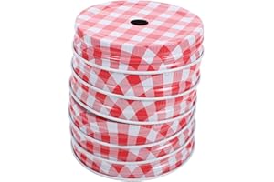 SEWACC 6pcs Red Gingham Threaded Mason Jar Straw Lids, Wide Mouth Metal Caps with Hole for Drinking