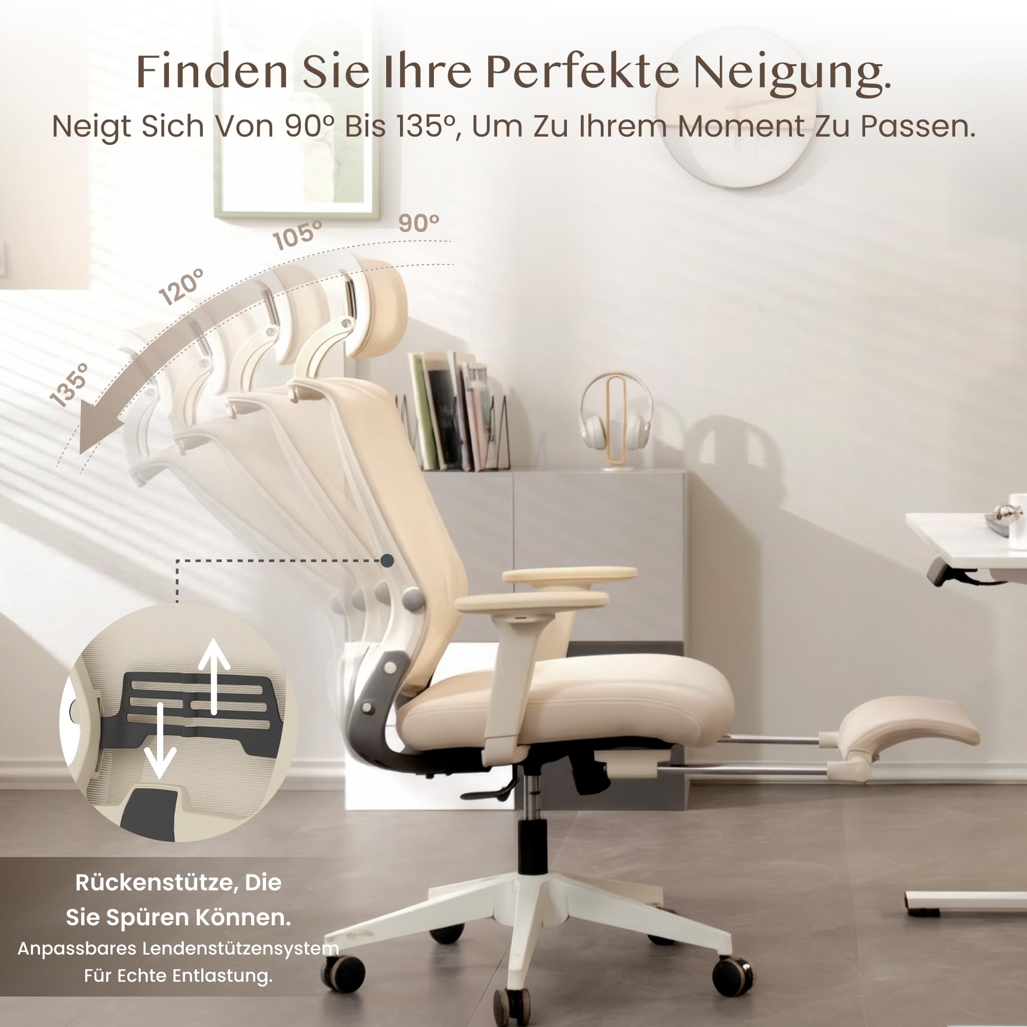 FLEXISPOT Ergonomischer Bürostuhl, Foldex, klappbarer Bürostuhl für Kleine Räume mit Lendenwirbelstütze, Höhenverstellbaren Armlehnen, 2D Kopfstütze, Schreibtischstühle mit Fußstütze Creamweiß 6