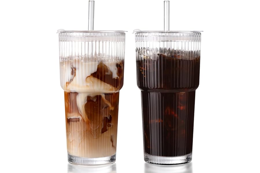 DWTS DANWEITESI Iced Coffee Cups with Lids 2Pcs: Ribbed Glass Tumbler with Straw and Lid 20oz-Vintage Glass Cups with Lids and Straws-Tumbler Leak Proof Aesthetic Drinking for Coffee Bar Accessories