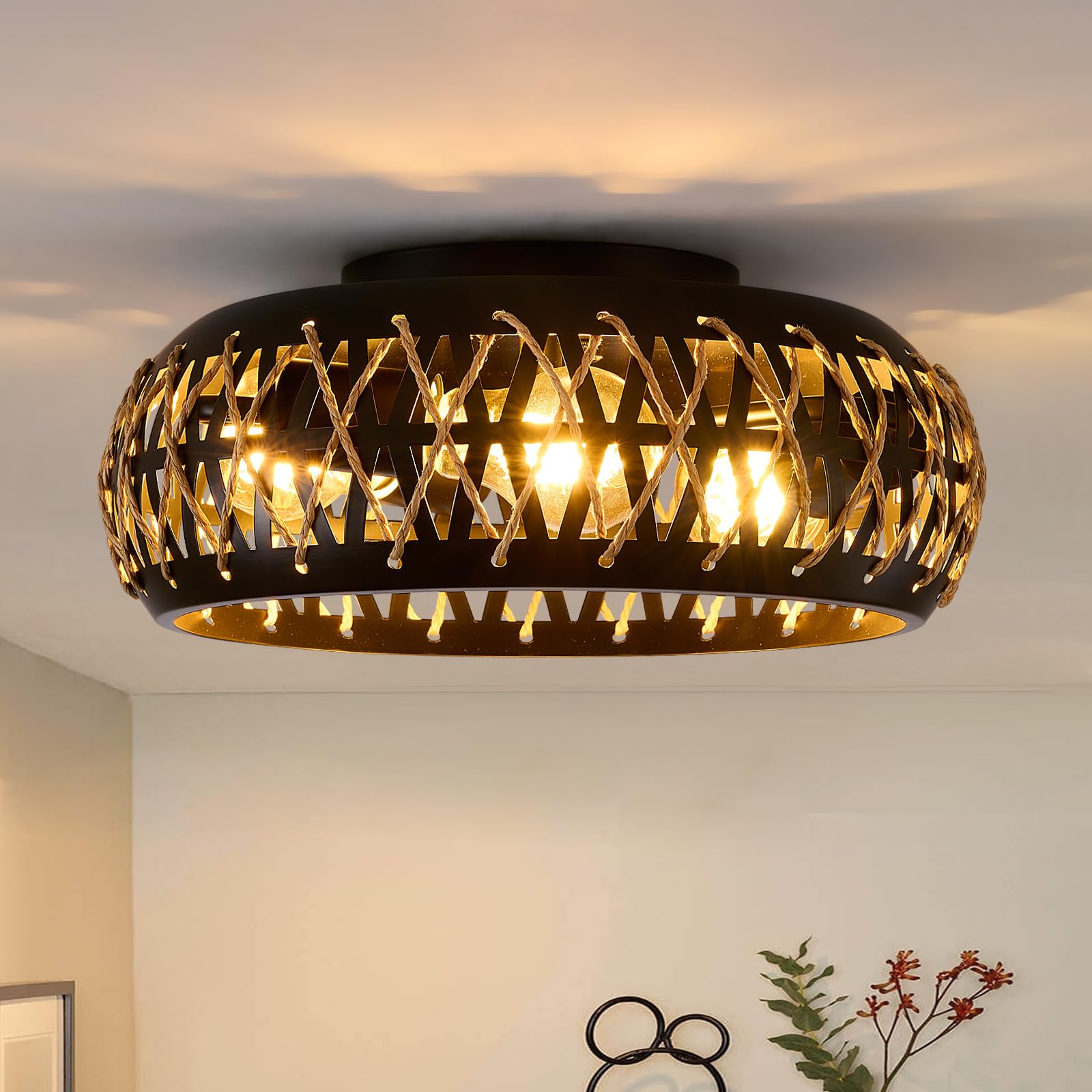 Photo 1 of Rattan Flush Mount Ceiling Light, 3-Light Boho Light Fixtures Ceiling Mount, Farmhouse Rattan Light Fixture, 15.7'' Boho Ceiling Light for Bedroom Entryway Kitchen