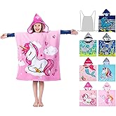 growell Hooded Kids Beach Towels - Toddler Bath Towel Girls Boys Swim Cover-ups for Ages 4 to 10 Kids Pool Towels Quick Dry Lightweight Soft Microfiber Poncho 30x30 with Bag (Pink Unicorn)