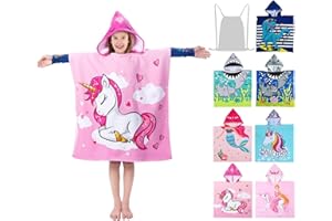growell Hooded Kids Beach Towels - Toddler Bath Towel Girls Boys Swim Cover-ups for Ages 4 to 10 Kids Pool Towels Quick Dry Lightweight Soft Microfiber Poncho 30x30 with Bag (Pink Unicorn)