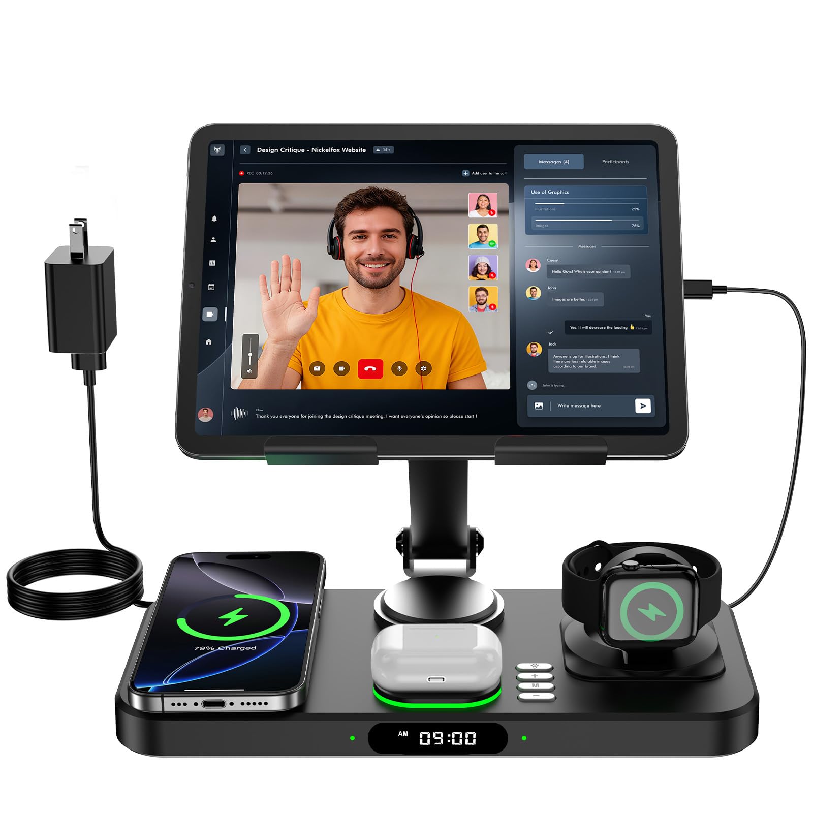 Photo 1 of 6 in 1 Wireless Charger for Apple Multiple Devices, Charging Station with Clock &7 Color Ambient Light, Foldable Rotate Stand for iPad, for iPhone17/16/15, Support for Apple Watch11/10 for AirPods4