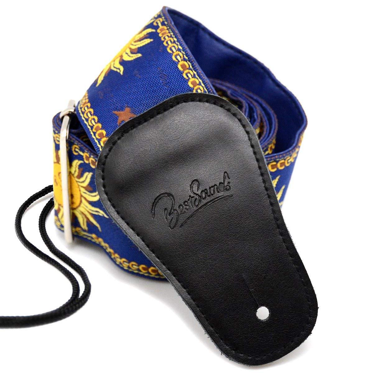 BestSounds Guitar Strap Genuine Leather Ends & Sun Jacquard Weave Style Strap For Bass, Electric & Acoustic Guitars (Apollo Blue)