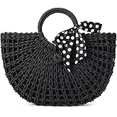 YYW Straw Bags for Women,Hand-woven Straw Top-handle Bag with Round Ring Handle Summer Beach Rattan Tote Handbag