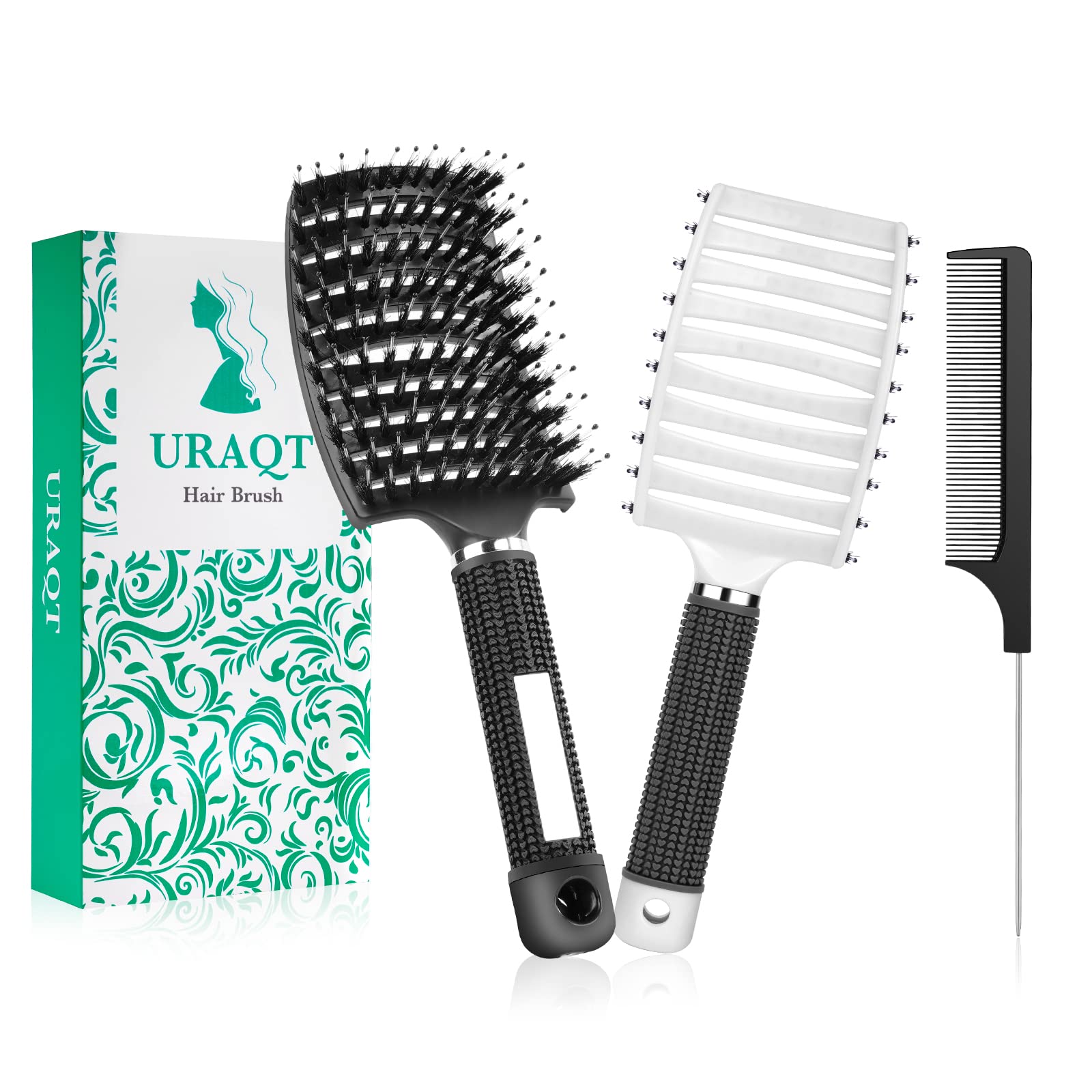 URAQT Hair Brush, 2 Pcs Boar Bristle Paddle Hairbrush with Tail Comb, Soft Massage Vent Brush for Men Women, Detangle Hair Brush for Long Thick Curly Hair, Reducing Hair Breakage (Black & White)