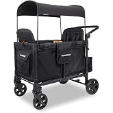 WonderFold W4 Elite Pro Stroller Wagon, Aluminum Frame, 4 Seater, Jet Black | Foldable Wagon with an Adjustable Canopy &amp; Push Handle, All-Terrain Wheels &amp; 5-Point Harnesses for Babies, Toddlers &amp; Kids