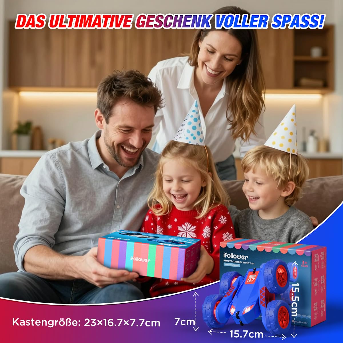 Duales Direktladung Ferngesteuertes Auto,Lädt Auto und Controller über USB,2.4G 360°Drehung Monster Truck mit Buntes LED-Licht,4WD Stunt Spielzeugauto Geschenk für Kinder Jungen Mädchen ab 3-12 Jahre 6