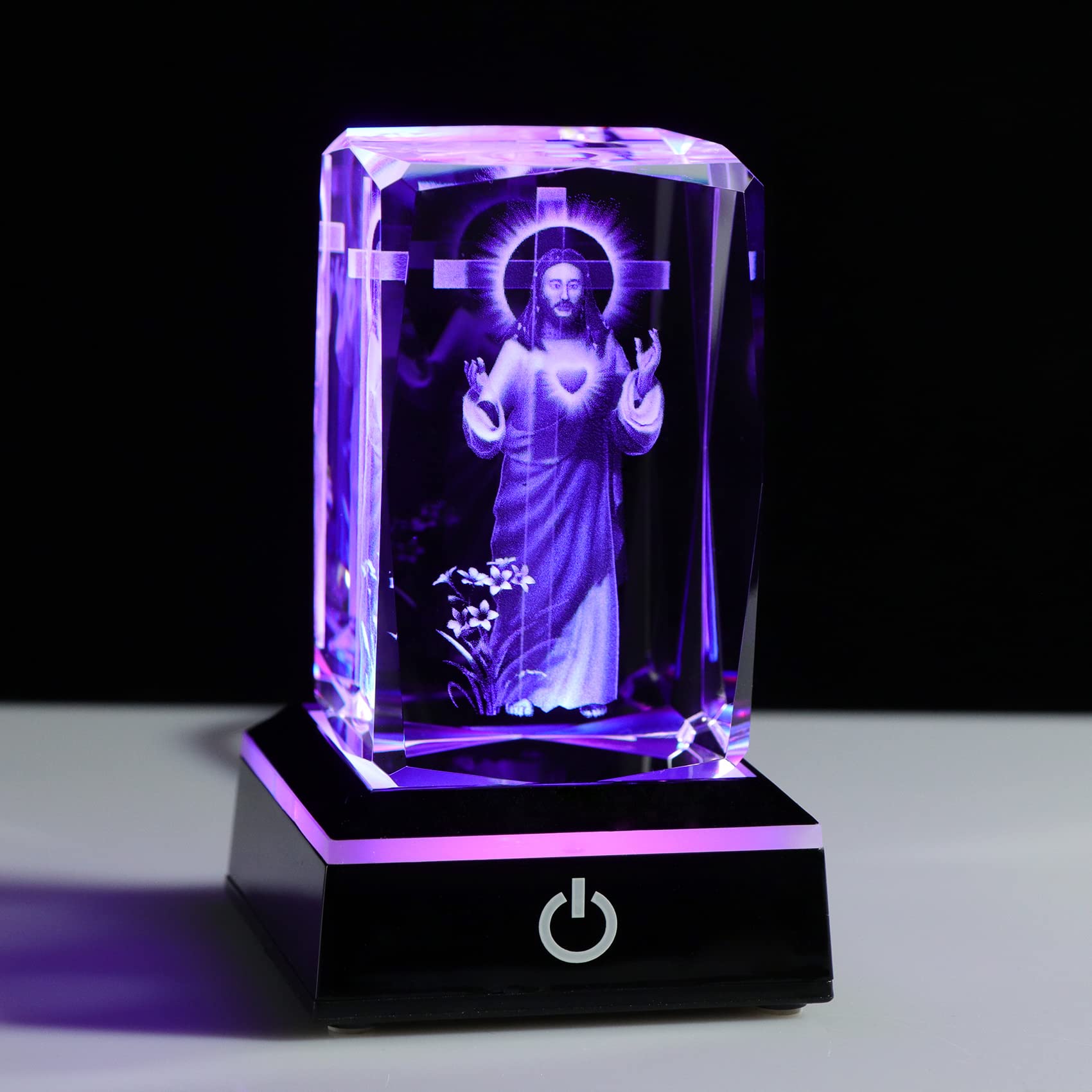 Ornalrist 3D Engraved Jesus Cross Missionary Crucifix Statue K9 Crystal Keepsake with Colorful Light Base, Catholic Gifts for Women Men Religious Gifts for Friends Church Glass Ornaments