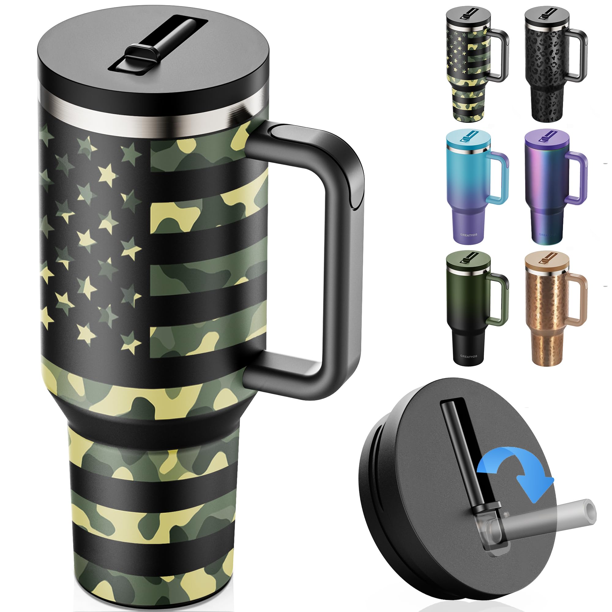 Photo 1 of Greatyos 40 oz Tumbler with Handle and Flip Straw Lid Insulated Traveler Tumblers with Lids Straws Vacuum Leak Proof Stainless Steel 40oz Cup Mug Gifts for Men Women Him Her (Camouflage Flag)