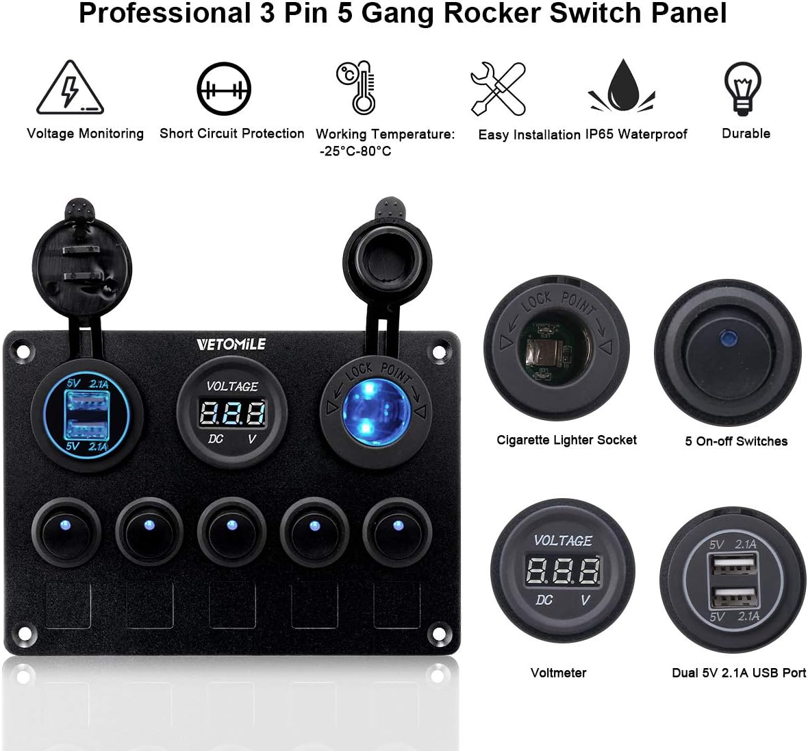 VETOMILE Boat Marin Rocker Switch Panel Waterproof 3 Pin 5 Gang Marine Fuse Digital Voltage Display Dual 5V/2.1A USB Charger Cigarette Lighter Socket 12V-24V for Car Truck: Automotive