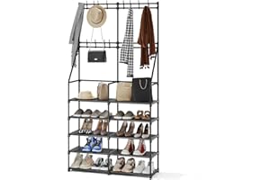 iabifo 3-in-1 Double Row Coat Rack Freestanding with Shoe Storage Entryway Organizer 5-Tier Shoe Rack, 16 Hooks, Hall Tree for Home or Office, Black