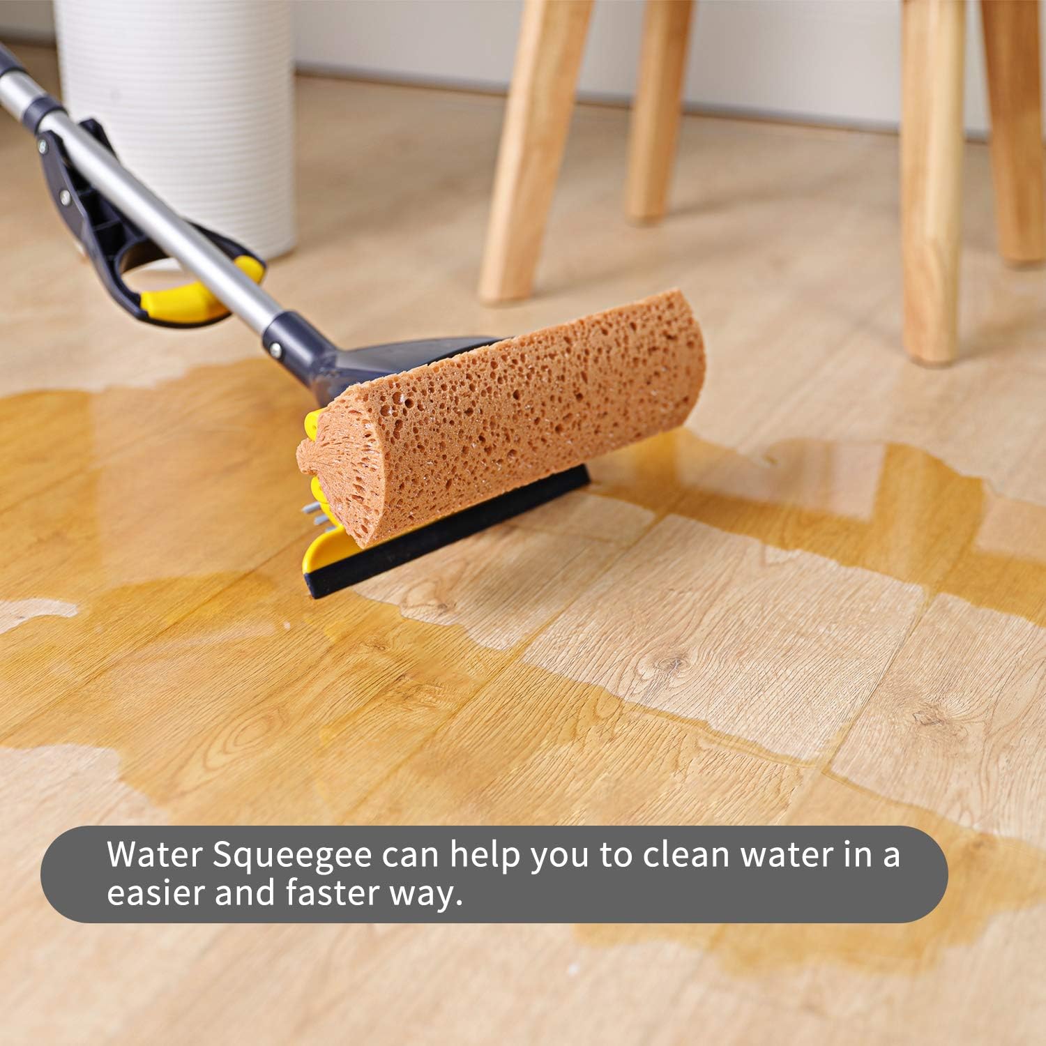 Yocada Sponge Mop Home Commercial Use Tile Floor Bathroom Garage Cleaning with Squeegee and Extendable Telescopic Long Handle 41-53 Inches Easily Dry Wringing: Kitchen & Dining
