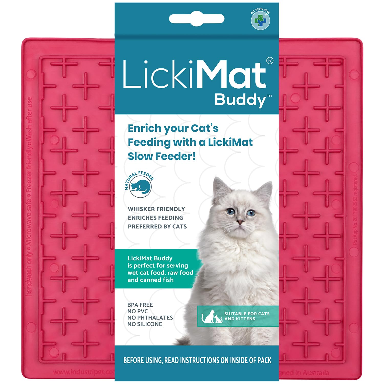 LICKIMAT Classic Buddy Cat Slow Feeders Lick Mat, Boredom Anxiety Reducer; Perfect for Food, Treats, Yogurt, or Peanut Butter. Fun Alternative to a Slow Feed Cat Bowl or Dish, Pink