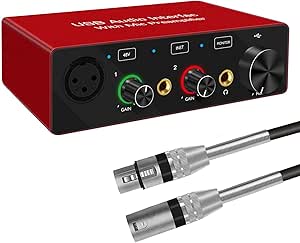 USB Audio Interface with Mic Preamplifier XLR audio interface 48v 2 channel for streaming Support Instrument Guitar or Bass Smartphone Tablet Computer and Other Equipment Recording