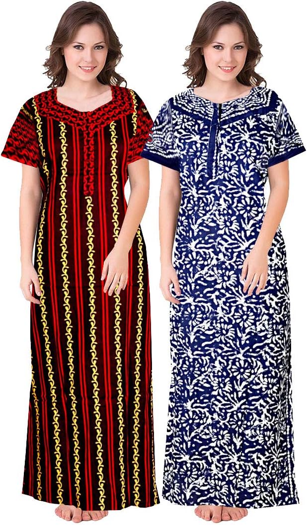 Womens Cotton Nighty/Night Gown/Nightwear/Nightdress (Multicolor, Free Size) Combo Pack of 2 Peice