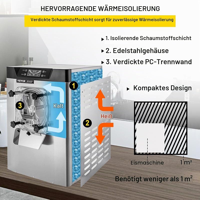 kommerzielle Eismaschine Eiscrememaschine 16-20 L/H Eiscreme, 1400 W Harteiscreme-Maschine mit intelligentem LCD-Display & verschiedenen Geschmacksrichtungen, für Snackbar, Restaurant Silber