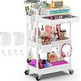 Goovilla 3 Tier Rolling Utility Cart Organizer with Removable Drawer, Stable and Sturdy White Rolling Storage Carts with 2 Lockable Wheels for Bathroom, Kitchen, Snack, Craft, Makeup, Baby Essentials