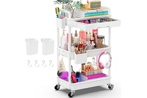 Goovilla 3 Tier Rolling Utility Cart Organizer with Removable Drawer, Stable and Sturdy White Rolling Storage Carts with 2 Lockable Wheels for Bathroom, Kitchen, Snack, Craft, Makeup, Baby Essentials