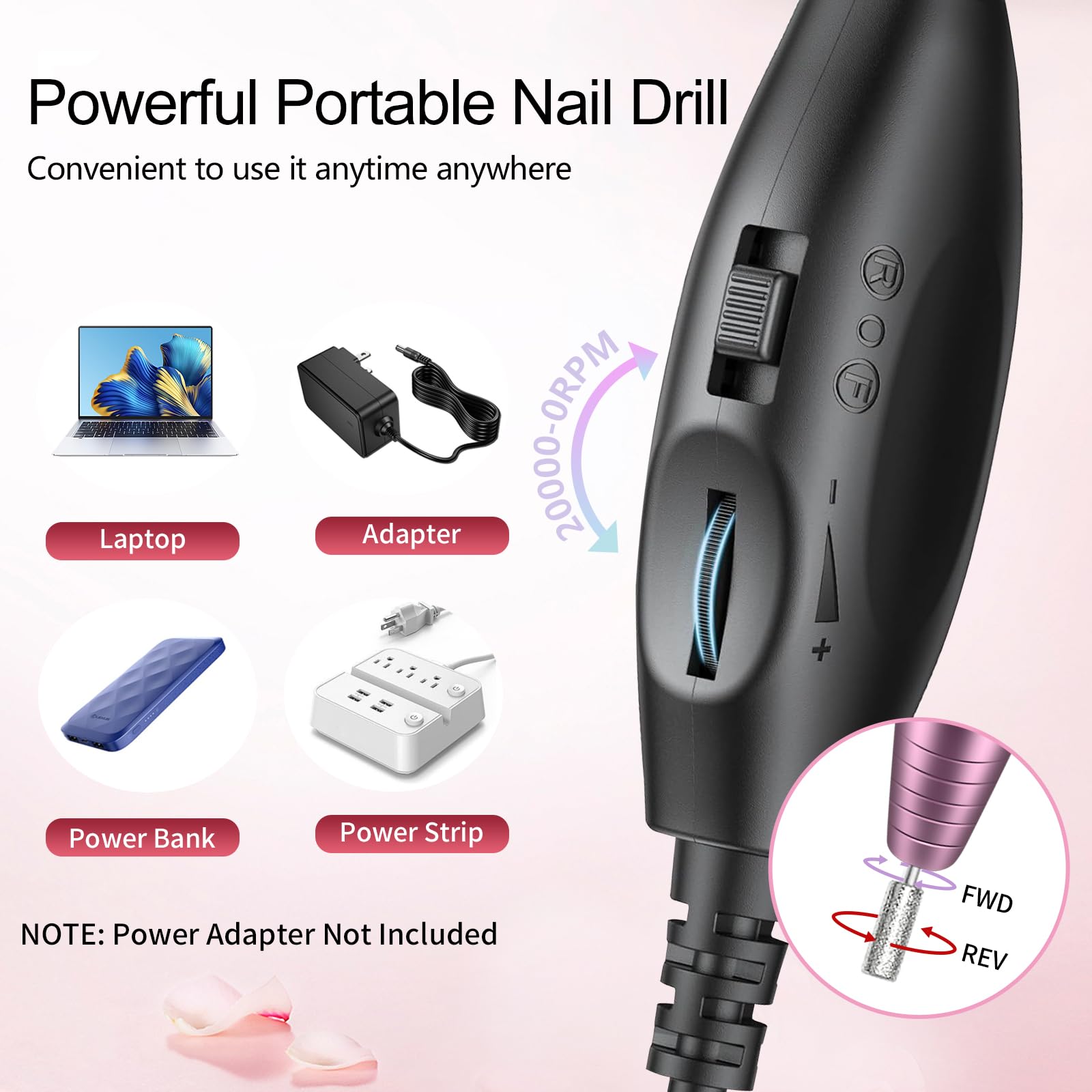 Electric Nail Drill, Professional Acrylic Nail Drills Machine for Gel, Acrylic Nails, Portable USB Electric Nail File Efile Set with Iridescent Nail Drill Bits, Manicure Pedicure Nail Tools