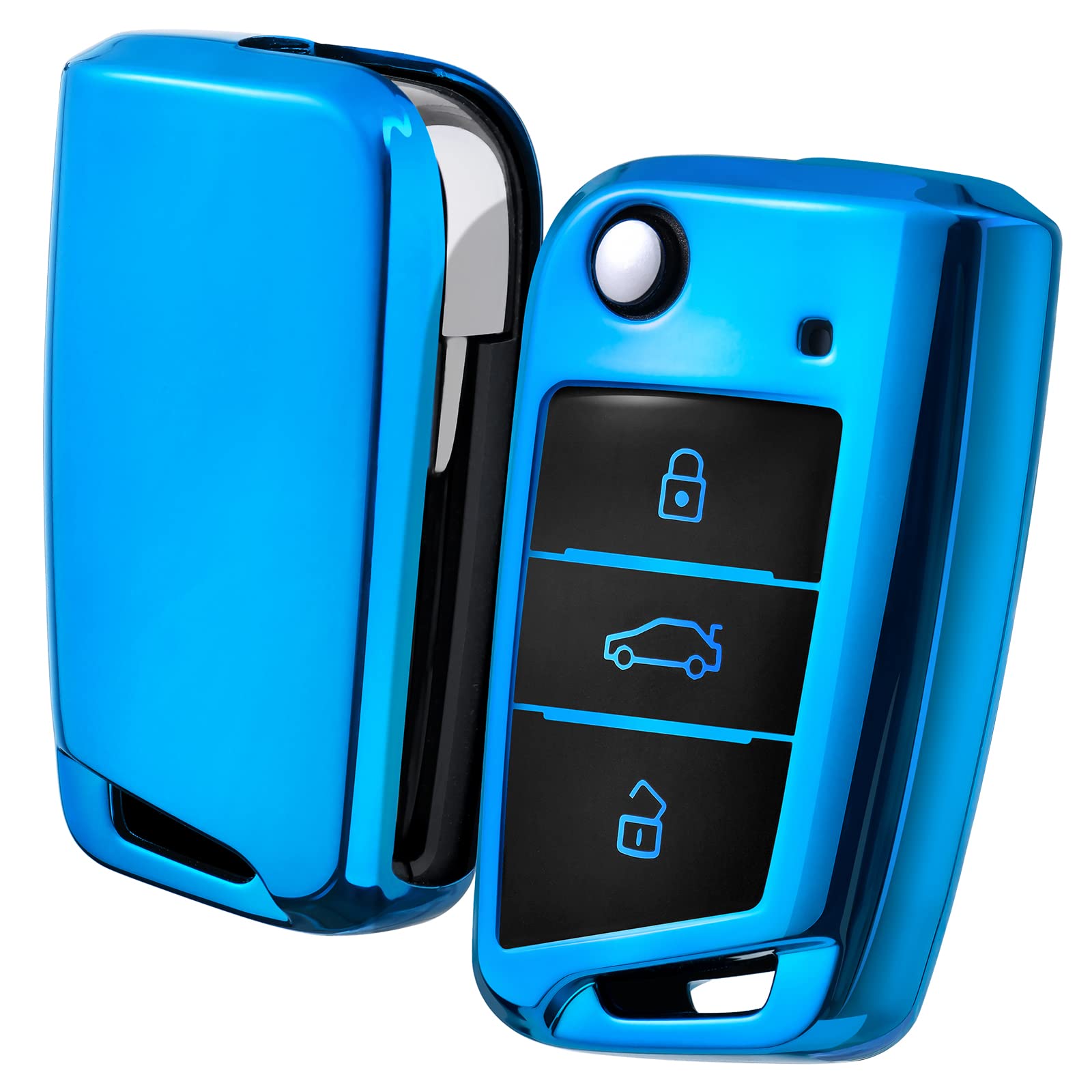 OATSBASF Car Key Cover Compatible with VW,Car Key Case for VW Golf 7 Polo Skoda Seat TPU Silicone 3 Buttons Box (Blue)