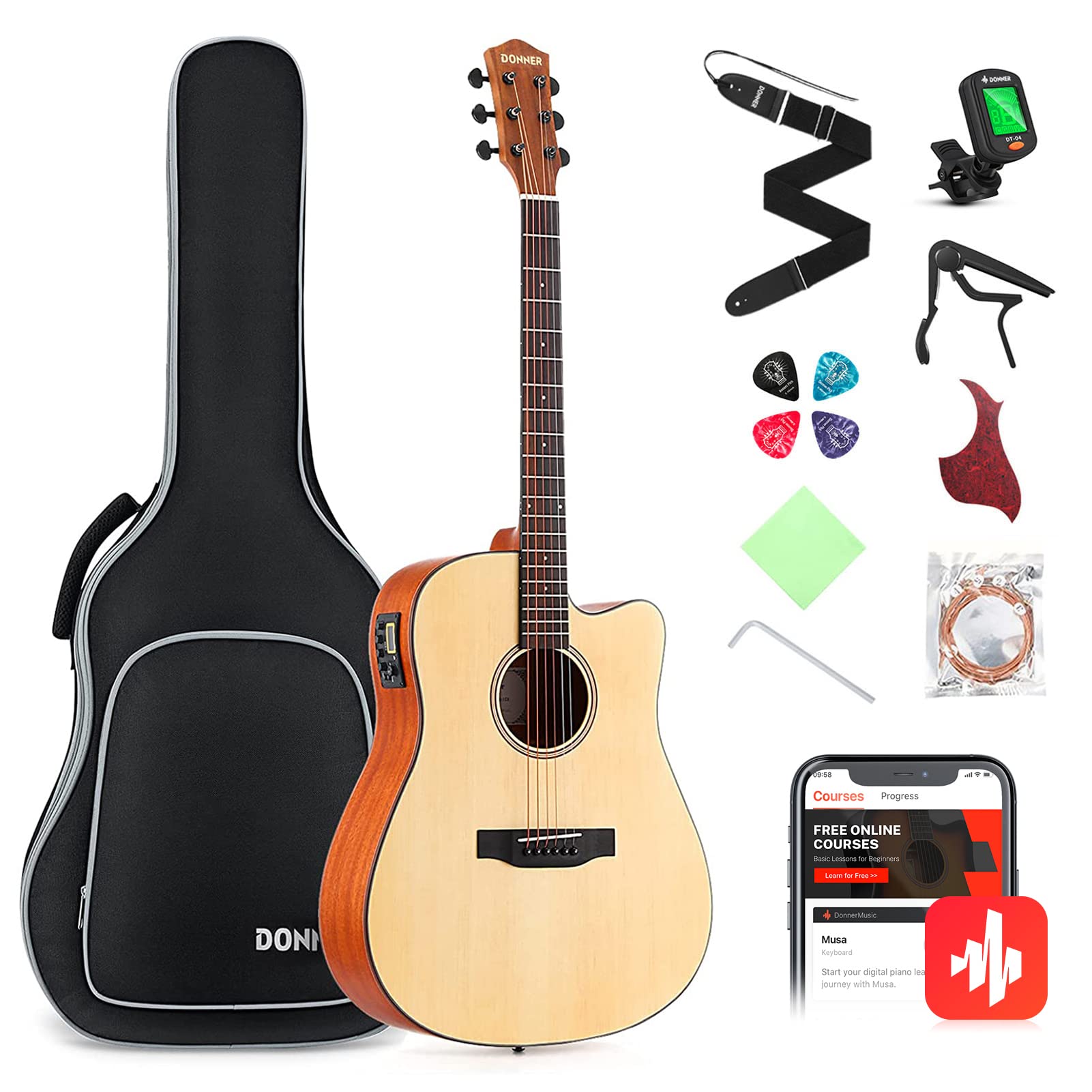 Donner Electro Acoustic Guitar Full Size 4/4 with Pickup Beginner Guitar Cutaway Bundle 41 Inch Built-in Preamp with Bag Strap Capo Strings Picks