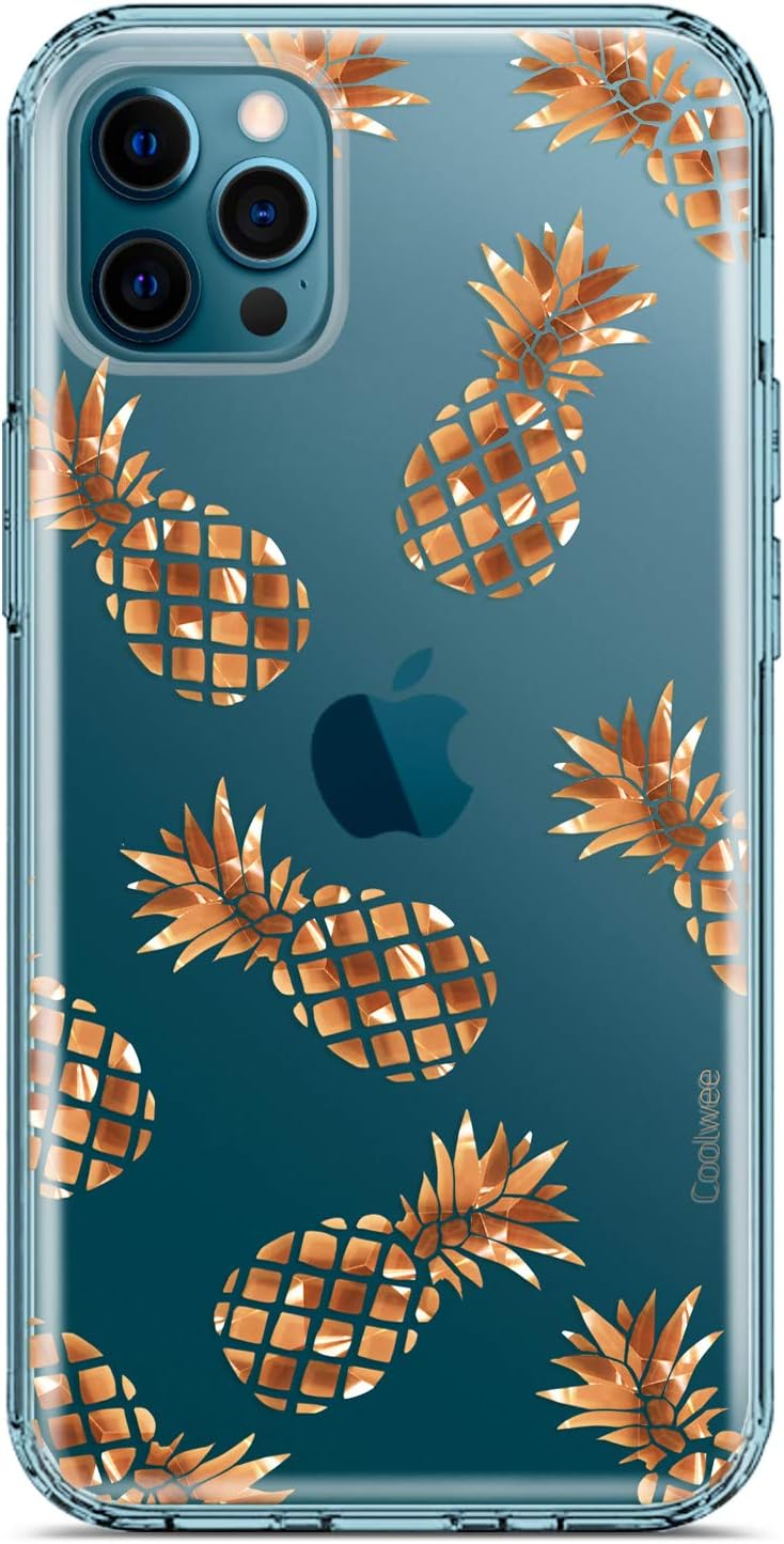 Coolwee for iPhone 12 Pro Max Case Rose Gold Pineapple Floral Women Girl Men Foil Clear Design Shiny Glitter Hard Back Soft TPU Bumper Cover Compatible with Apple iPhone 12 Pro Max 6.7 inch Pineapple