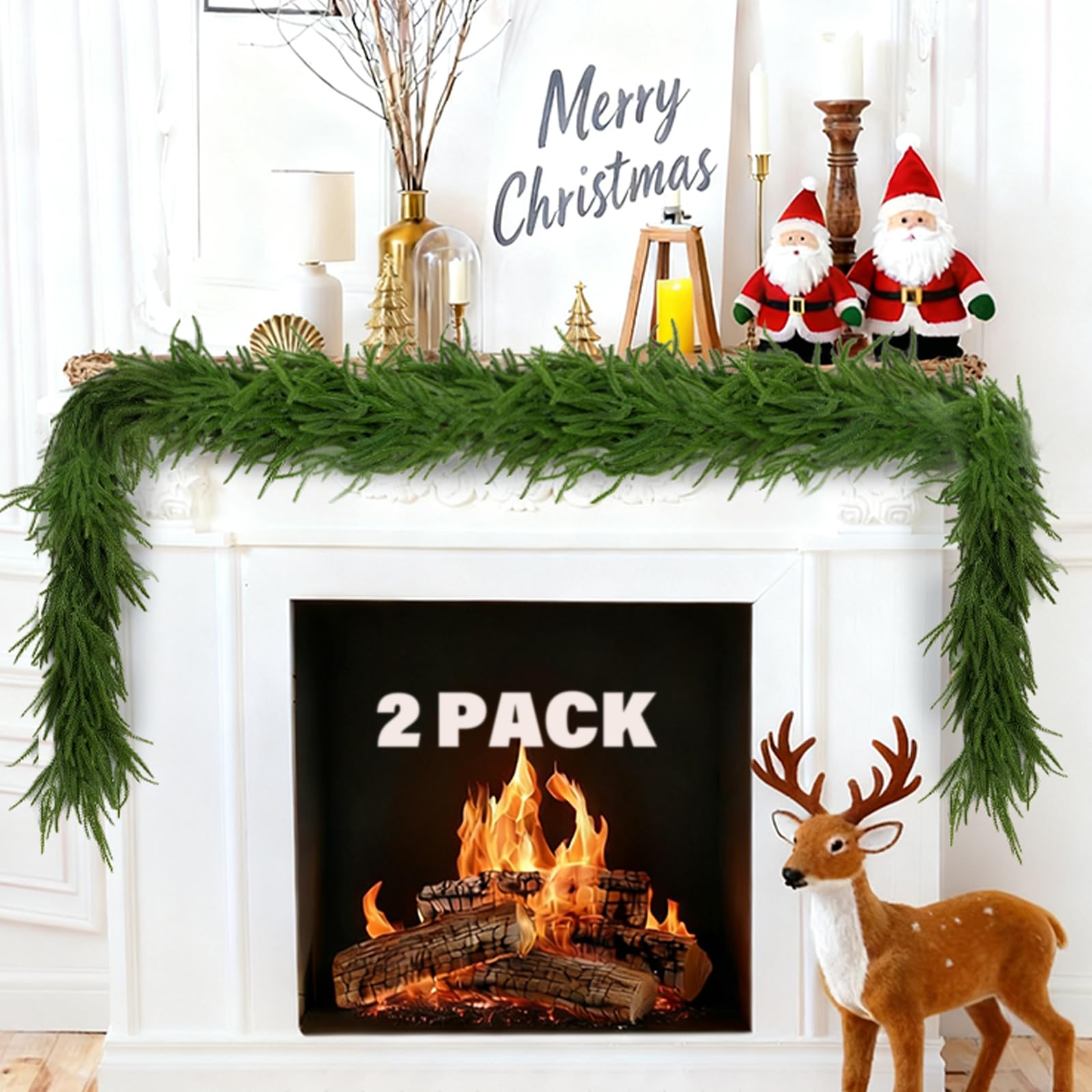 Photo 1 of 2-Pack 6FT Artificial Norfolk Pine Garlands, Hyperzoo Realistic Winter Pine Christmas Greenery Garland for Mantle, Staircase, Banister, Fireplace, Door, Table, Indoor & Outdoor Holiday Xmas Decortions