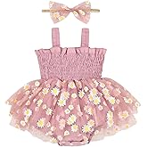 Aenbilo Baby Girl Summer Clothes Sleeveless Girl Clothes Cute Lace Daisy Romper Bodysuit Summer Outfits Headband 0-12Months