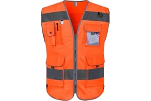 TCCFCCT Orange Safety Vest for Men Women 9 Pockets High Visibility Reflective Vest for Safety, Work Vest with Reflective Strips, Meets ANSI/ISEA Standards, Large