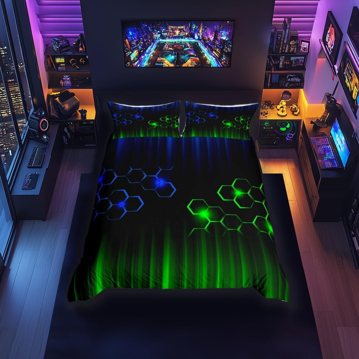 feelingyou Blue Green Neon Duvet Cover,Honeycomb Bedding Set,Abstract Ombre Comforter Cover for Boys Room Decor,Blue Green and Black Stripe Lightweight Bedspread Cover Single Size with 1 Pillow Case