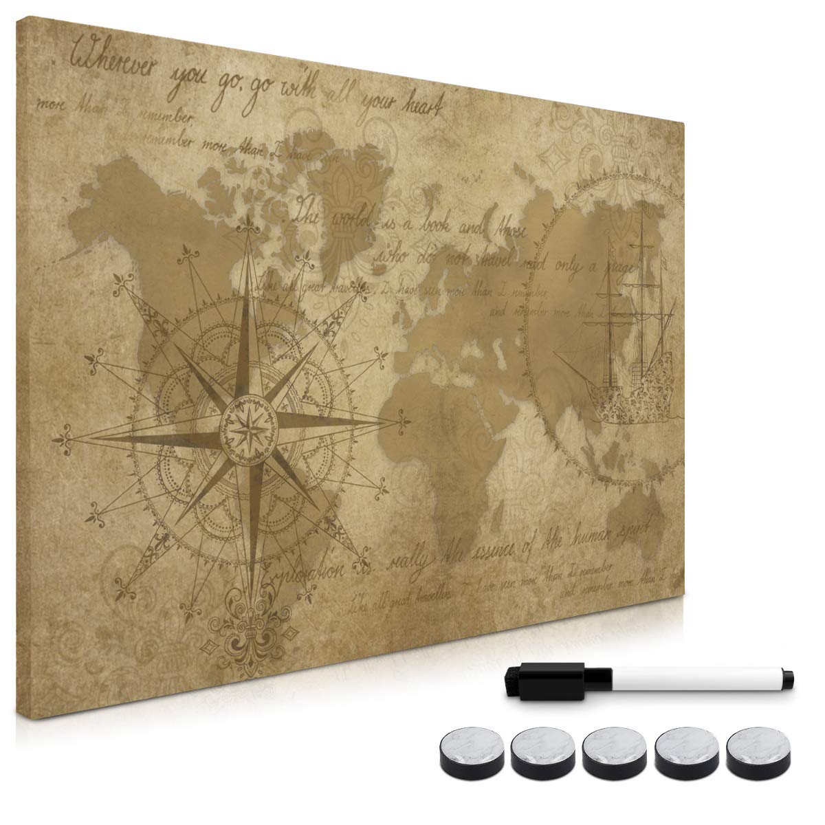 Navaris Magnetic Whiteboard Memo Board - 40 x 60 cm Writable Dry Erase Notice Message Board for Wall with Magnets and Marker - Antique World Map