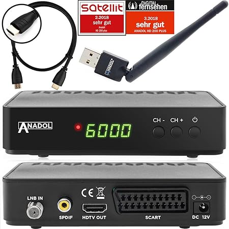 Anadol HD 200 Plus HDMI-Kabel HDTV Digitaler Satelliten-Receiver inkl. WLAN Stick (HDTV, DVB-S2, HDMI, SCART, USB 2.0, Full H