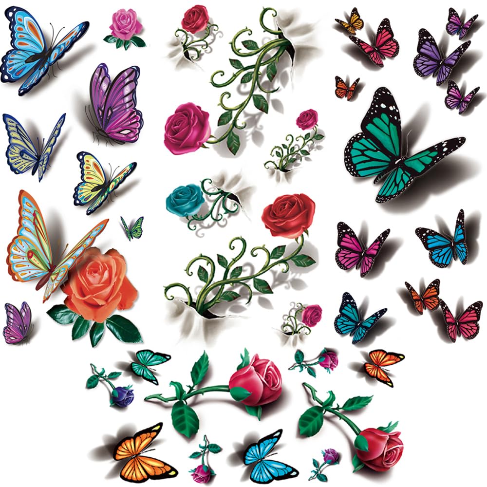 Yesallwas Temporary Feather Butterflies Tattoos for women 4 Pcs Feather Butterflies Tattoo Sticker Fake Flowers Tattoos for kids girls teens,waterproof and Long Lasting body tattoos - 3.54X7.48 inches