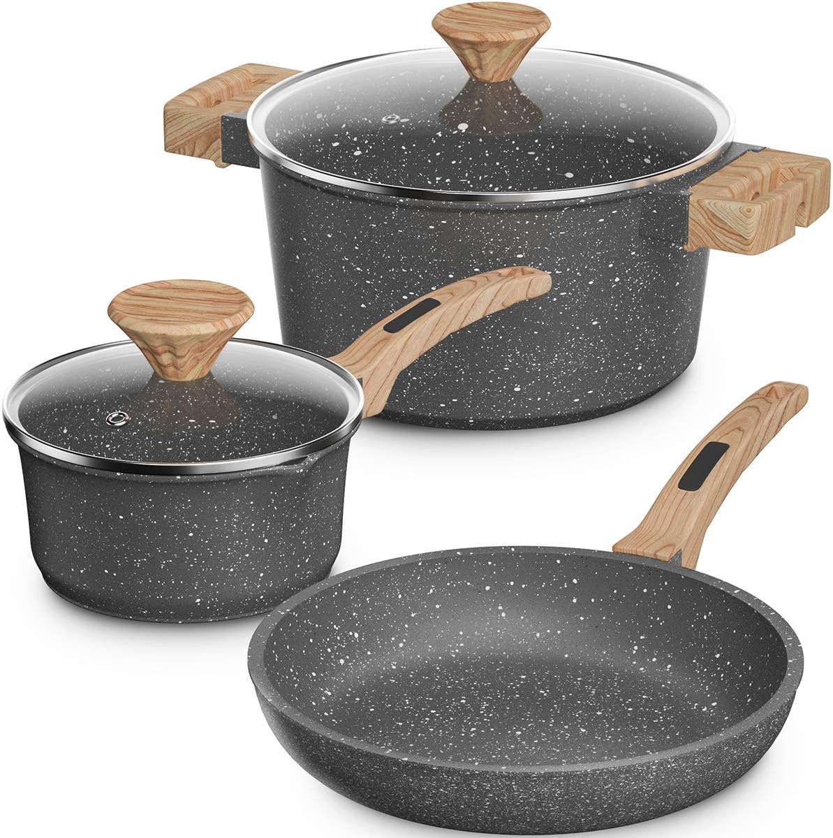 Lightning Deal Pots and Pans Set,Multilayer Granite Non-Stick Coating from Germany,Anti-Warp Stone Induction Cookware Set with Silicone Handles,Dishwasher Safe,APEO&PFOA Free,Mother's Day,Marble,5Pcs