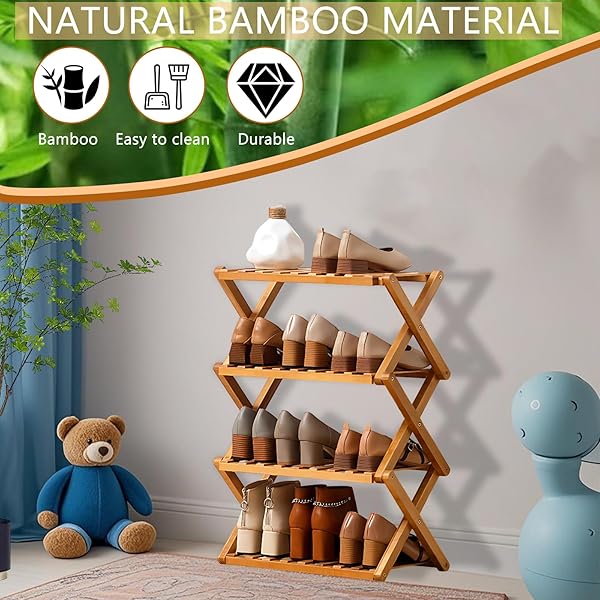 JESSIE BAMBOO SHOE RACK,FREE STANDING SHOE RACK FOR CLOSET,PORTABLE FOLDING SHOE STORAGE RACK, SPACE SAVING,SHOE SHELF FOR BEDROOM ENTRYWAY HALLWAY CLOSET LIVING ROOM (PRIMARY-3 TIER)