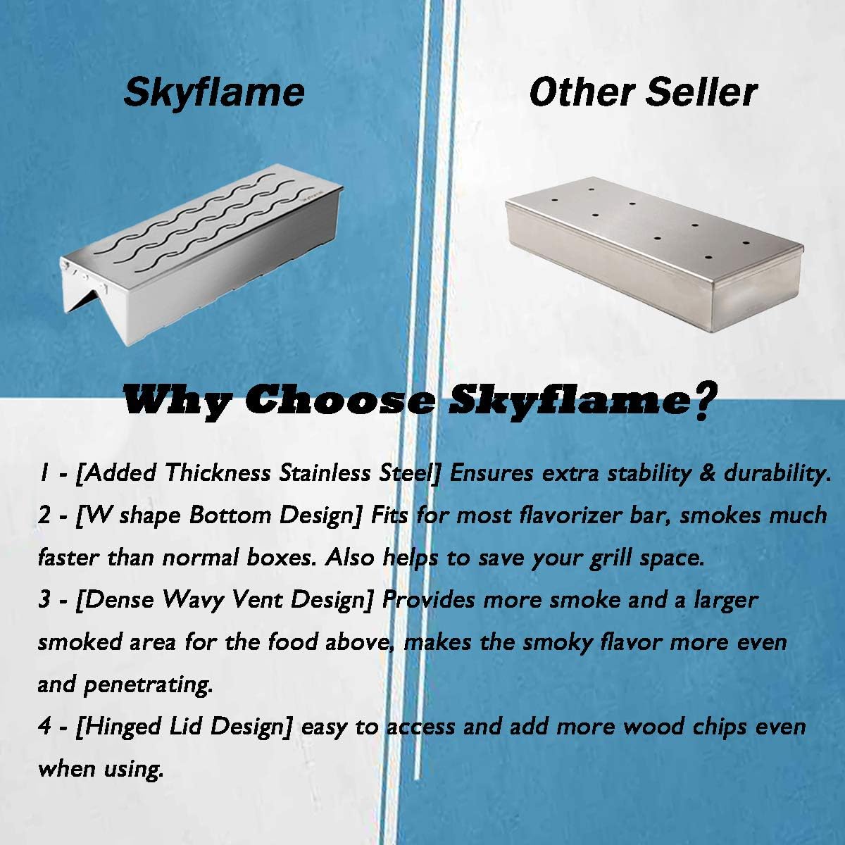 Skyflame Wood Chip Smoker Box with Wavy Smoke Outlet for Charcoal & Propane Gas Grill, 12.5"(L) x 3.3"(W) x 2.5"(H), U.S. Design Patent: Kitchen & Dining