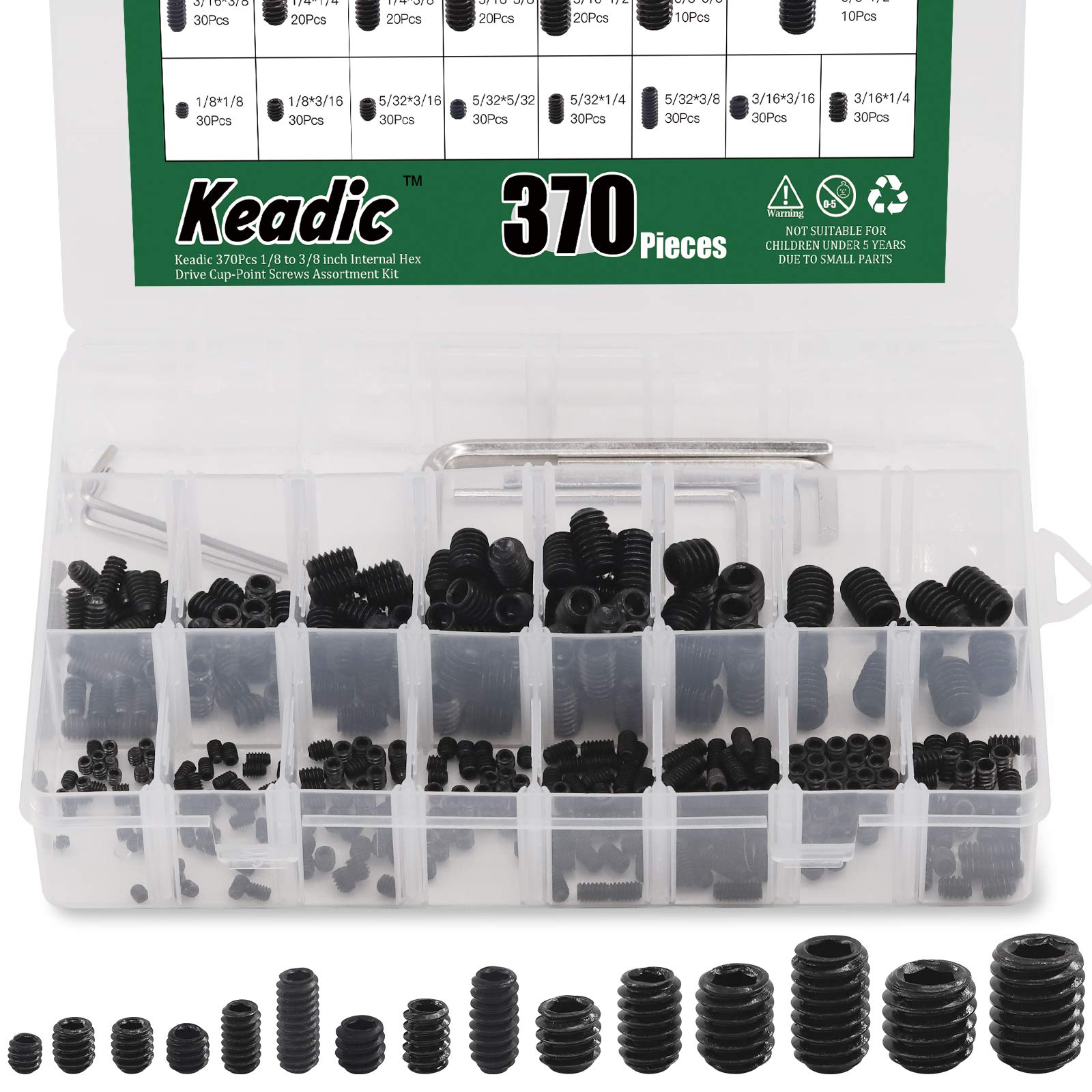 Keadic 376Pcs Internal Hex Drive Cup-Point Grub Screws Assortment Kit - 1/8 to 3/8 Inch, 15 Sizes for Door Handles, Faucet, Light Fixture - 12.9 Class Alloy Steel (Black) — image 1