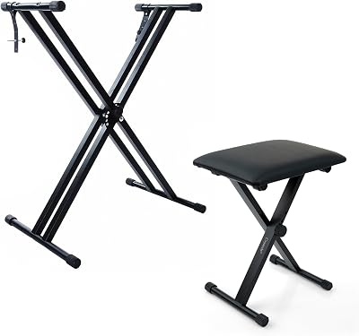 Crystals Double Braced X Frame Keyboard Stand and Chair Set Black