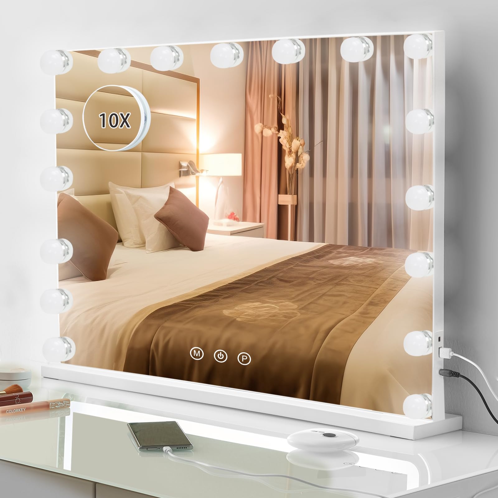 LIANWANG Hollywood Makeup Mirrors Large Vanity Mirror with Lights, Dimmable LED Bulbs with Touch Control & USB Ports, Cosmetic Tabletop Mirror for Bedroom Dressing Room (60 * 50cm)