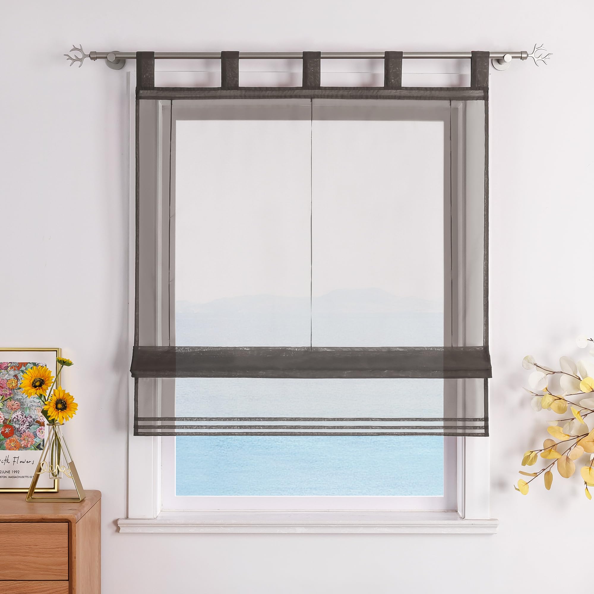 ESLIR Roman Blind with Loops, Kitchen Curtains, Transparent Tab-Top Blind, Modern Voile Grey, W x H 100 x 155 cm, 1 Piece
