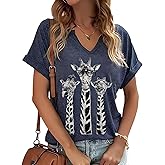 PUCKOLITY Funny Giraffe Graphic V Neck Shirts for Women Casual Short Sleeve Animal Lover Summer Tee Tops