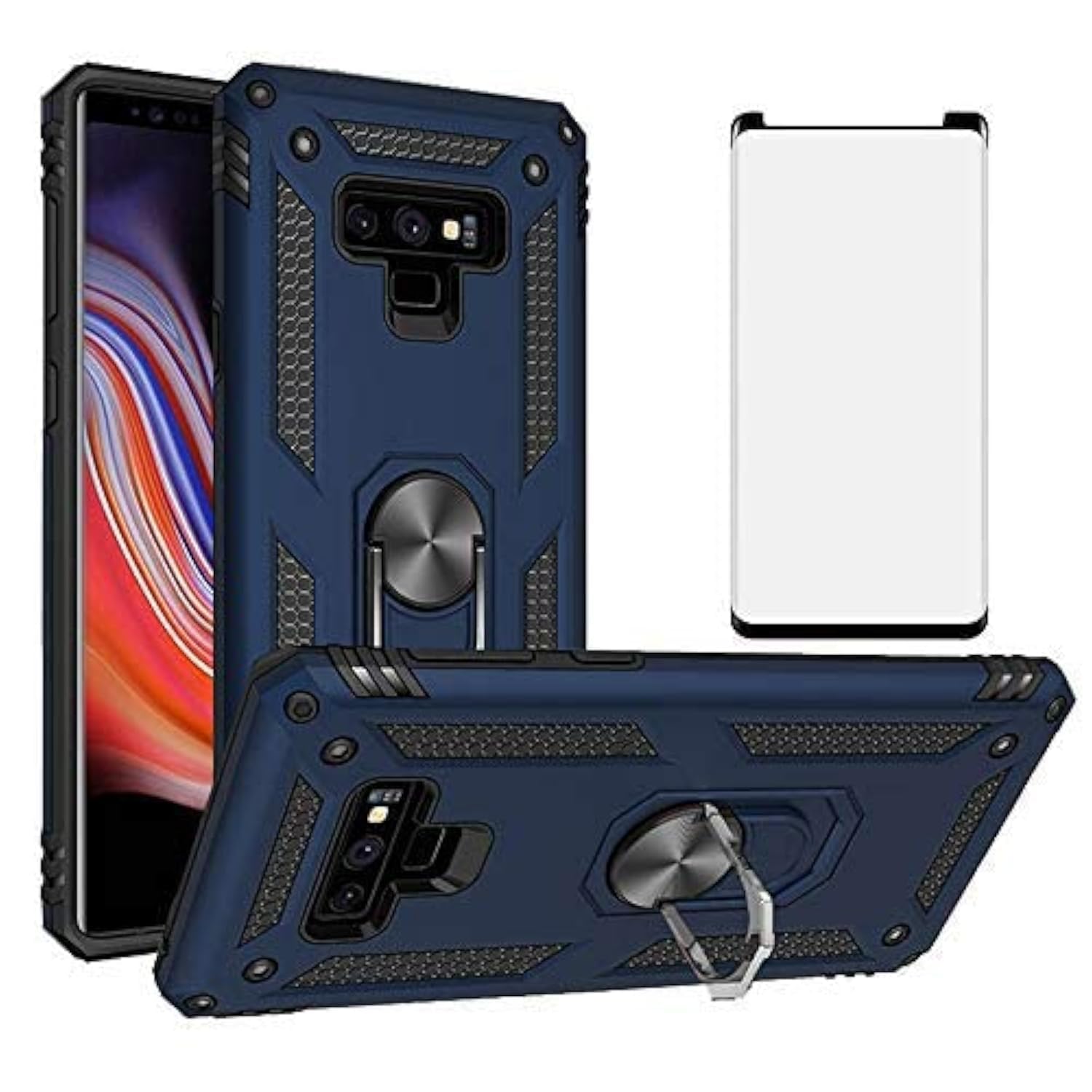Phone Case for Samsung Galaxy Note 9 with Tempered Glass Screen Protector Cover Stand Ring Rugged Silicone Holder Hard Shockproof Heavy Duty Accessories Magnetic Cute Glaxay Note9 9case Girls Blue