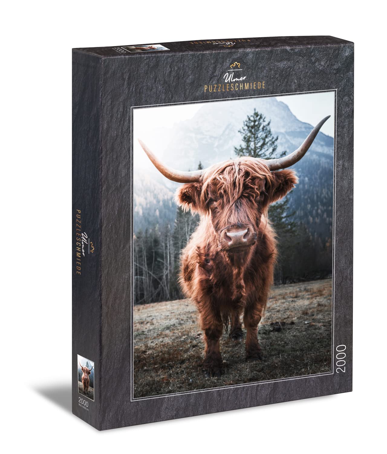 Ulmer Puzzleschmiede - Highland animal puzzle - 2000 piece puzzle - puzzle motif from powerful highland cow on the cow willow against frosty alpine backdrop