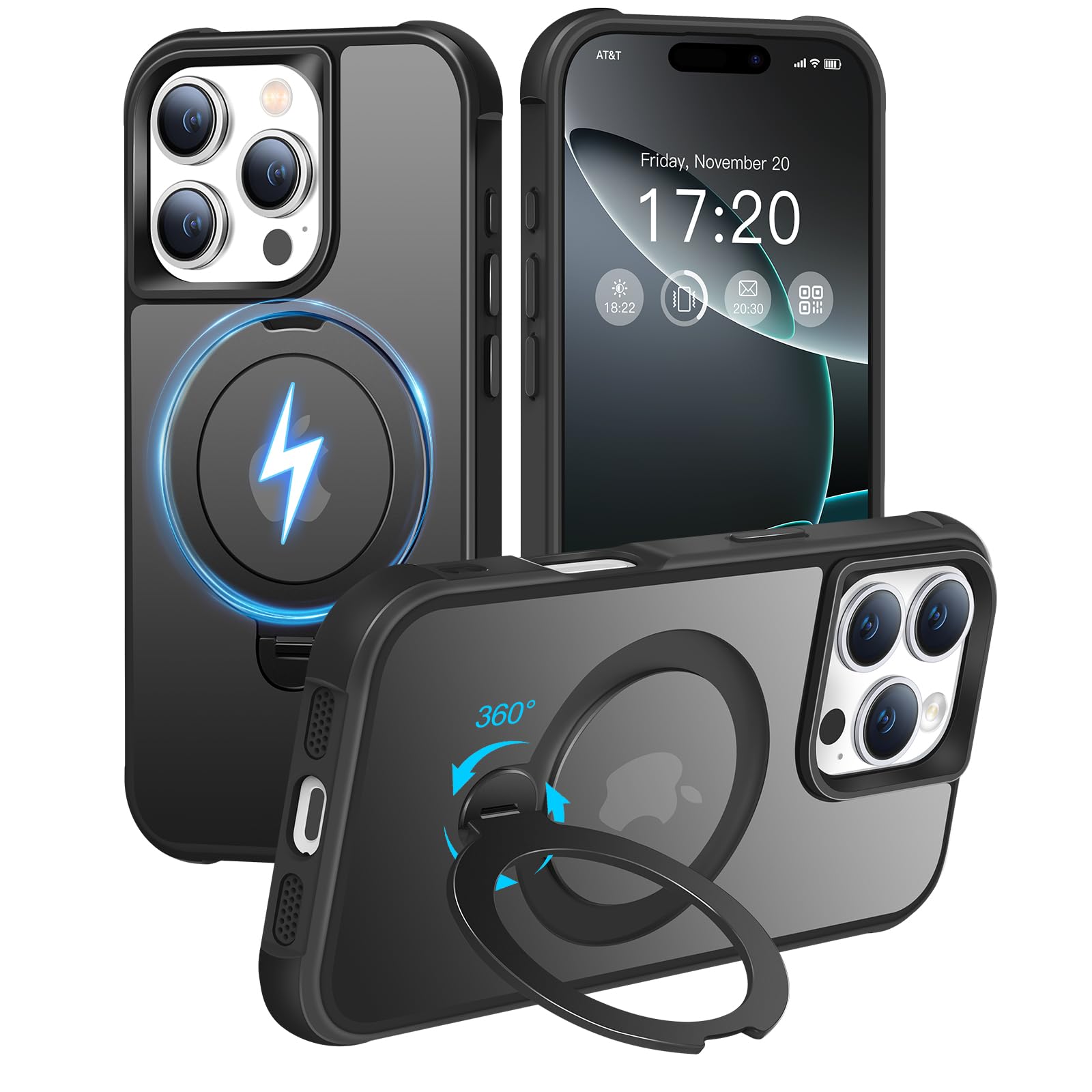 HuwaiH 360° Rotatable Magnetic Ring Stand for iPhone 16 pro Case, Compatible with MagSafe, Military-Grade Shockproof, Anti-Scratch Matte Translucent Phone Case for iPhone 16 pro(Black)